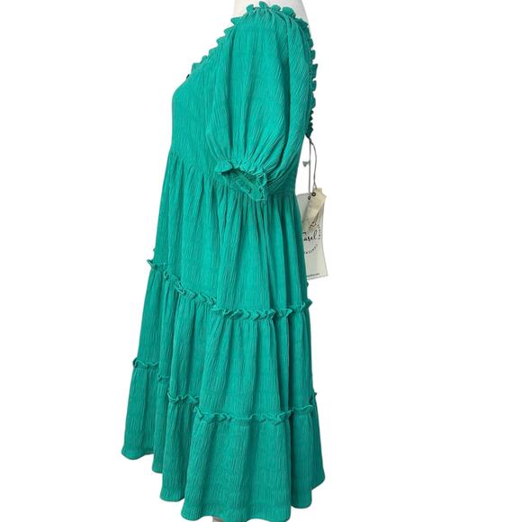 Easel Puff Sleeve Tiered Mini Babydoll Dress Green Small Flowy Romantic Boho NWT - Picture 6 of 13